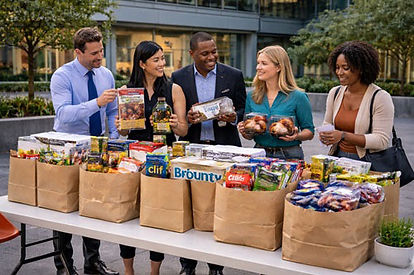 Office employees organizing shared grocery orders at a workplace grocery pickup station.