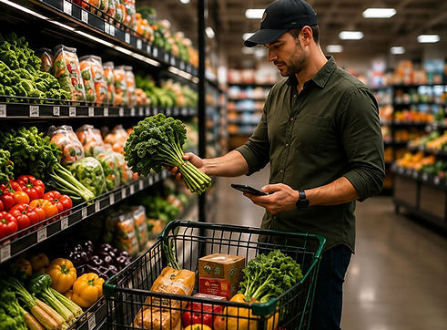 Local grocery shopper carefully selecting products for a guest order
