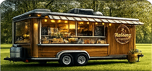 Modern mobile grocery trailer with wood exterior and service window, showcasing a professional mobile grocery business for online order pickup, local delivery, Smart Portions™, Grocery Bundles, and pre-arrival hospitality grocery services.