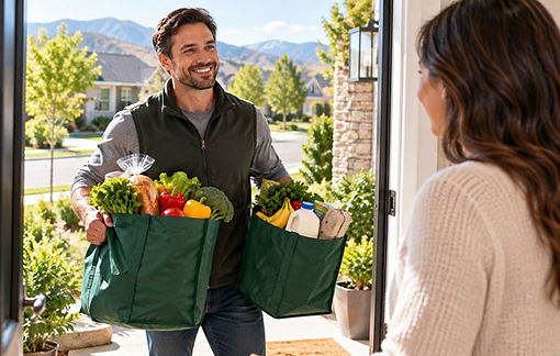 Independent grocery operator arriving with groceries for a local customer