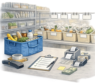 Grocery order staging setup with organized tote and packing checklist for delivery or pickup preparation.