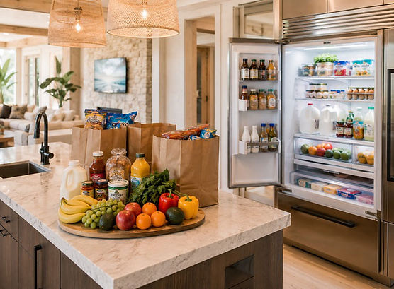 Vacation rental kitchen stocked with groceries before guest arrival