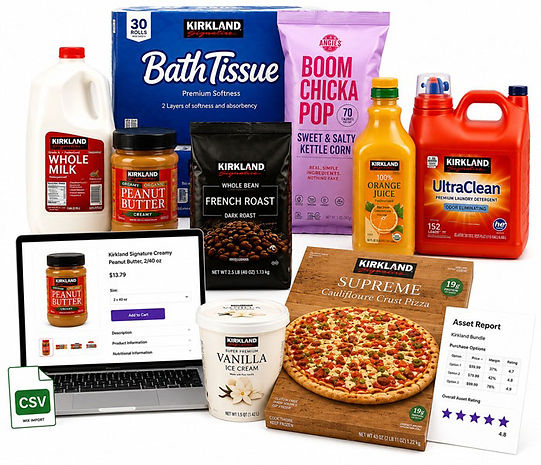 Costco Retail Ready™ product collection featuring Kirkland Signature groceries and household essentials with an online product page, Wix-ready CSV import file, purchase options, pricing, margins, and asset report for grocery retailers, delivery businesses, and eCommerce stores.