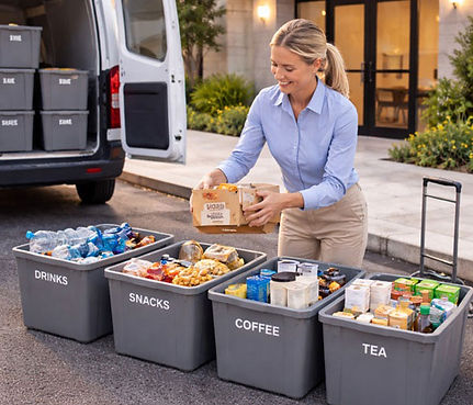 Professional operator loading organized pantry supplies into labeled totes outside a small office building in early morning light, illustrating calm, reliable office pantry and amenity management service.