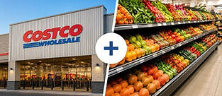 Costco storefront combined with a grocery produce aisle, illustrating hybrid sourcing from warehouse and traditional grocery stores.