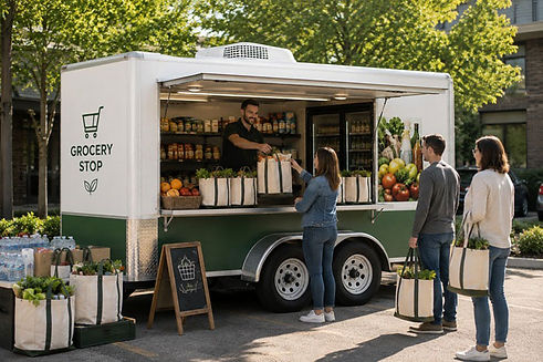 Scheduled mobile grocery pickup serving customers at a convenient community location.