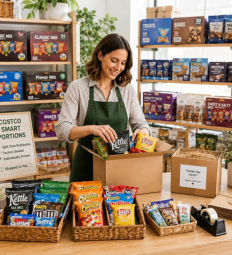 Independent specialty retail operator packaging Costco Smart Portions from factory-sealed snack multipacks for shipping, featuring individually priced chips, candy, snack bars, and other grab-and-go products with minimal inventory requirements for an online specialty retail business.