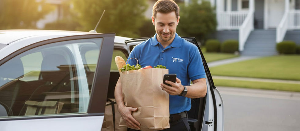 Professional grocery delivery service operator preparing an order for a customer in a residential neighborhood.