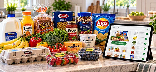 Groceries beside a digital shopping list representing adding items to a Grocery Bundle