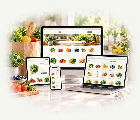 Co-Op Shopper grocery Website Platform displayed across desktop, laptop, tablet, and mobile devices.