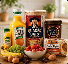 Breakfast grocery essentials featuring Simply Orange juice, Quaker Old Fashioned Oats, Nescafé Taster's Choice coffee, Thomas' English Muffins, fresh fruit, eggs, and tomatoes, showcasing a pre-arrival hospitality breakfast bundle for vacation rentals, cabins, Airbnb hosts, and short-term rental guests.