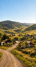 Sunlit countryside landscape with a winding dirt road leading through rolling green hills and scattered homes in a peaceful rural valley.
