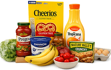 Grocery bundle with breakfast foods, fresh produce, dairy, orange juice, granola bars, pasta sauce, and pantry essentials for convenient grocery shopping and delivery.