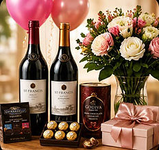 Luxury welcome gift bundle featuring St. Francis red wines, Godiva chocolates, Ghirardelli dark chocolate, premium flowers, and a gift box, designed as a hospitality welcome package for vacation rentals, luxury cabins, Airbnb hosts, anniversaries, birthdays, and special guest arrivals.