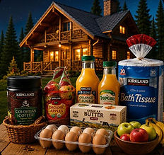 Cabin Breakfast Starter grocery bundle featuring Kirkland Signature coffee, orange juice, eggs, butter, apples, bananas, bath tissue, and breakfast essentials displayed in front of a luxury mountain vacation cabin, showcasing a pre-arrival hospitality grocery package for vacation rentals, cabins, and short-term rental guests.