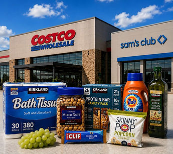 Costco and Sam's Club storefronts with a curated selection of warehouse club grocery, household, and pantry products, illustrating sourcing opportunities for a professional grocery retail platform.