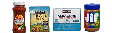 Assorted shelf-stable grocery items—including pasta sauce, trail mix, canned tuna, and peanut butter—displayed on a deep navy background in a clean, product-focused layout.