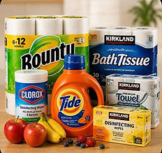 Family Essentials grocery bundle featuring Bounty paper towels, Kirkland Signature bath tissue, Kirkland Signature paper towels, Tide laundry detergent, Clorox disinfecting wipes, fresh fruit, and everyday household essentials for vacation rentals, Airbnb hosts, cabins, and hospitality guest stays.