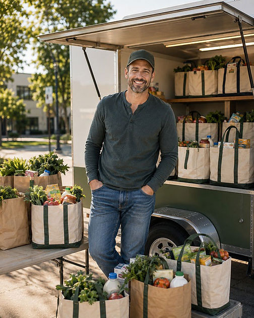 Independent mobile grocery business owner beside prepared customer orders and a mobile pickup vehicle.