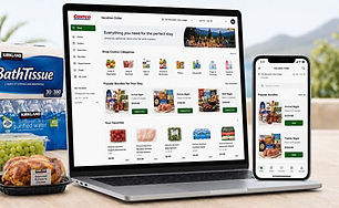 Modern laptop and smartphone displaying a vacation grocery shopping platform with Costco-style grocery categories, online grocery ordering, and curated vacation bundles such as Arrival Night, Family Night, and Grill Night. Screens show Costco grocery items, vacation meal planning, and mobile ordering designed for pre-arrival grocery shopping and vacation stays in a clean 3:2 website layout.