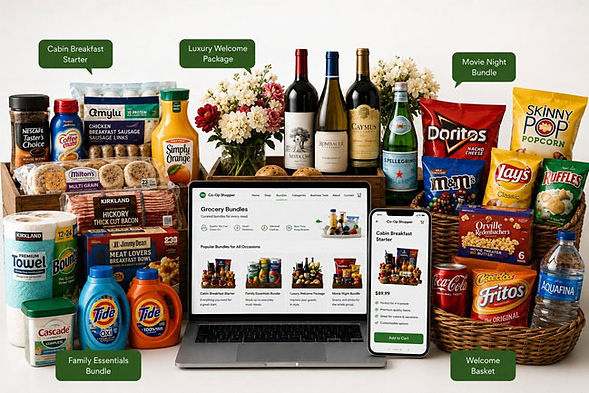 Co-Op Shopper Grocery Bundles page displayed on a laptop and smartphone featuring curated grocery bundles including Cabin Breakfast Starter, Luxury Welcome Package, Family Essentials Bundle, Movie Night Bundle, and Welcome Basket for pickup, local delivery, and hospitality grocery services.