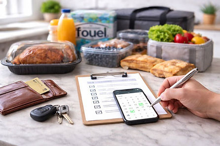 Kitchen counter scene with bulk groceries, insulated delivery bags, a clipboard checklist, wallet and keys, and a smartphone displaying a calendar, representing requirements before scheduling grocery delivery.