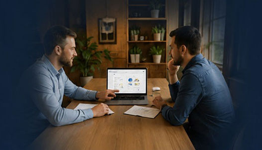 Professional business consultation scene showing two men seated at a wooden table reviewing analytics and website performance on a laptop in a warm office setting, with the image softly fading into deep navy blue