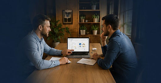 Professional business consultation scene showing two men seated at a wooden table reviewing analytics and website performance on a laptop in a warm office setting, with the image softly fading into deep navy blue