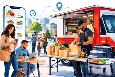 Illustration showing customers placing grocery orders online while a food truck operator prepares grocery bags for pickup.