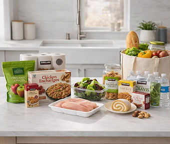 Costco groceries neatly arranged on a clean kitchen island with calm, professional lighting, representing local grocery delivery without warehouse clutter.