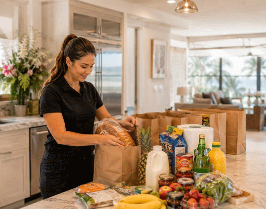 Grocery order being prepared for vacation guests