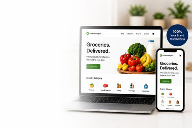 Laptop and smartphone displaying a grocery delivery website with a clean, modern layout, accompanied by a badge highlighting full brand ownership, and a soft fade to white on the left for website text placement.