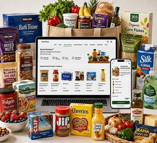Co-Op Shopper Product Assets for warehouse products, Smart Portions, everyday groceries, and grocery bundles in an online store.