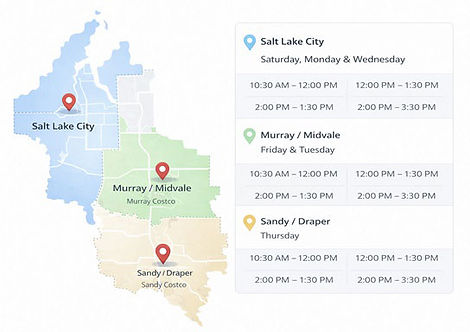 Map of Salt Lake County showing Costco grocery delivery service areas for Salt Lake City, Murray/Midvale, and Sandy/Draper, with designated delivery days and time windows listed for each area.