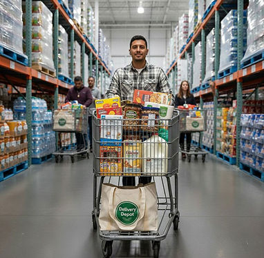 Grocery service operator sourcing bulk warehouse grocery inventory using full cart in large distribution warehouse, supporting scalable grocery fulfillment operations.