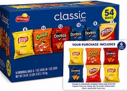 Costco Frito-Lay Classic Mix 54-count multipack with a purchase contents card showing six included snack bags for split-pack grocery retail and ecommerce product listings.