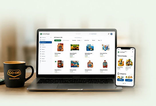 Co-Op Shopper grocery ecommerce platform displayed on laptop and mobile device with online product catalog, grocery bundles, and responsive shopping experience.
