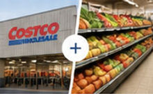 Costco storefront combined with a grocery produce aisle, illustrating hybrid sourcing from warehouse and traditional grocery stores.