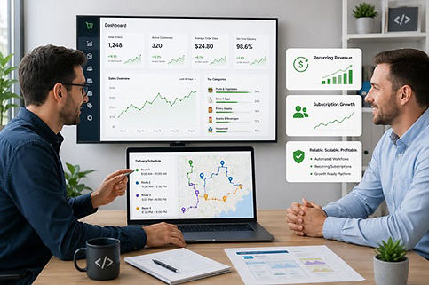 Professional website developer consulting with a grocery service client while reviewing analytics dashboards, scheduling maps, automation workflows, and recurring revenue systems on modern desktop screens in a clean SaaS-style office environment.