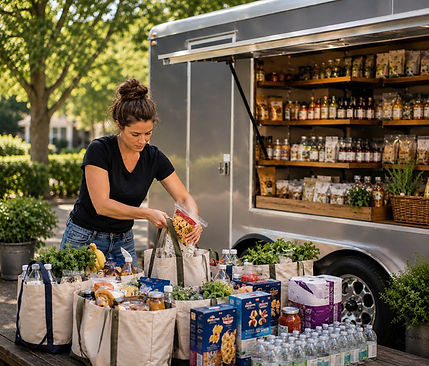 Mobile grocery operator organizing prepared customer orders for scheduled local pickup.