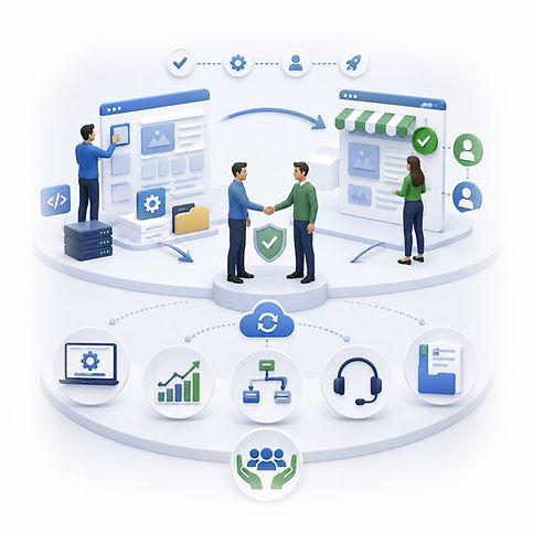 SaaS-style website partner onboarding illustration showing template setup, deployment activation, platform support, workflow updates, onboarding systems, and ongoing operational access through connected dashboards, cloud systems, and collaborative business tools with fade-to-white edges.