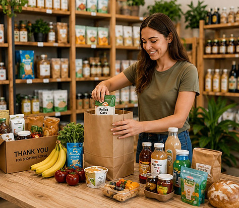 Independent local grocery store operator packing a customer order with fresh produce, pantry staples, beverages, and everyday essentials, representing professional grocery fulfillment, local delivery, online ordering, and convenient neighborhood pickup services.