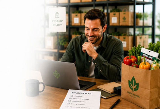 Business owner reviewing a structured grocery business plan while working on a laptop beside fresh groceries in a pickup-ready workspace, highlighting grocery bundles, pickup-first operations, Costco sourcing, and scalable local grocery business systems.
