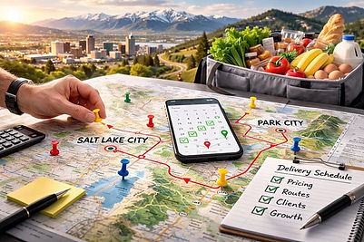 Strategic grocery delivery planning map showing Salt Lake City to Park City routes with scheduled orders, organized logistics, and staged grocery fulfillment system