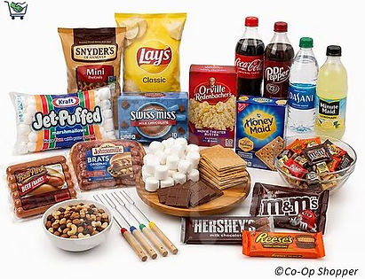 A realistic Campfire Night grocery bundle arranged in a centered curved layout on a pure white background, featuring marshmallows, graham crackers, chocolate bars, roasting hot dogs and bratwurst, popcorn, chips, pretzels, candy, hot chocolate, beverages, and campfire snacks designed for cozy outdoor evenings and group gatherings.