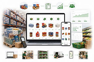 Advanced grocery operations platform illustration featuring split multipack inventory management, snack sampler workflows, pricing controls, warehouse fulfillment systems, mobile order management, analytics dashboards, and delivery coordination in a clean SaaS-style environment.