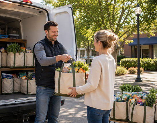 Customer collecting a prepared grocery order from an independent mobile grocery pickup service.