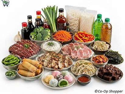 A realistic BBQ Korean-Inspired Meal grocery bundle arranged in a tight crown-shaped centered layout on a pure white background, featuring sliced beef, rice, noodles, vegetables, sauces, potstickers, egg rolls, green tea, dessert treats, and Korean-inspired dinner essentials designed for family dinners, cabin stays, easy entertaining, and group meals.