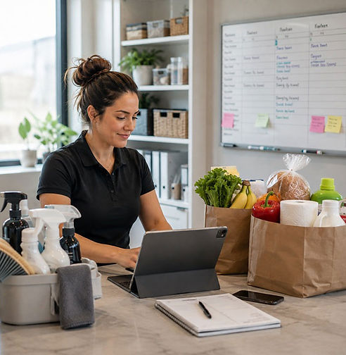 Cleaning business owner coordinating customer cleaning visits and grocery stocking services.