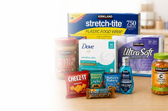 Assorted household and grocery products arranged on a countertop, with a soft white fade on the left for clean website text placement.